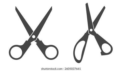 Simple and complex straight scissors, black and white silhouette. vTwo pairs of scissors. Flat vector illustration isolated on white background.