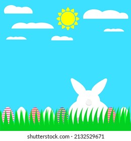 A simple composition with bunny and eggs in grass. A flat style of easter illustration. Children's drawing simple style. Place for text. Easter