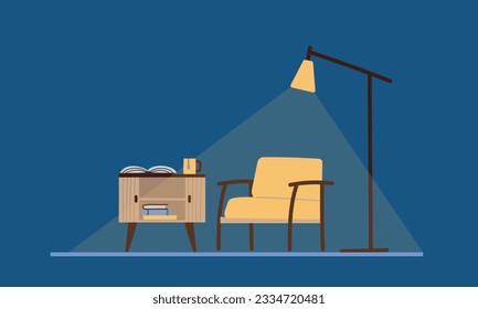 Simple composition of furniture and books in a cozy reading spot under the floor lamp. Interior design for background.
