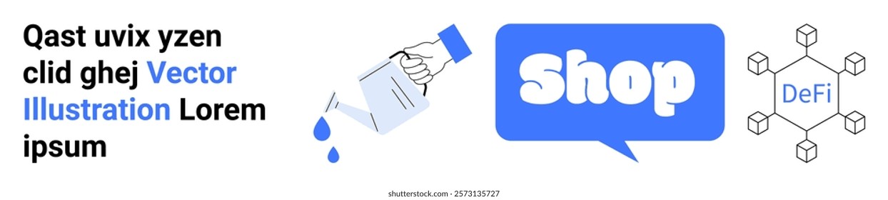 Simple composition incorporating a watering can pouring water, a blue speech bubble with the word Shop, and a decentralized finance symbol. Ideal for e-commerce, financial technology, blockchain