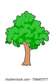 Simple composition of a lush, green tree. Illustration of serene looking, plant with a brown trunk and a rich foliage. Relaxing drawing, rich in colour with white background, outlined with a dark line