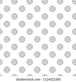 Simple computer micro chip and processor seamless pattern with various icons and symbols on white background flat vector illustration