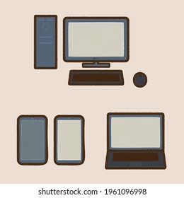 Simple computer and smart phone illustration set, hand-drawn style 