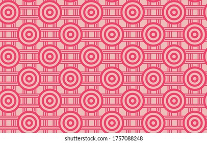 Simple concentric circles repeating pattern in pink connected together by parallel crossing horizontal and vertical lines, geometric vector illustration