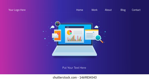 A simple concept of analysis of seo ranking, Search engine optimization data on laptop screen - vector banner with icons