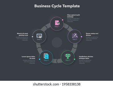 Simple concept for business cycle diagram with five steps and place for your description - dark version. Flat infographic design template for website or presentation.