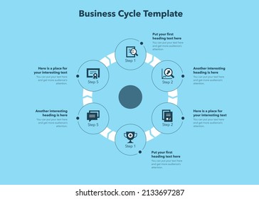 Simple concept for business cycle diagram with six steps and place for your description - blue version. Flat infographic design template for website or presentation.