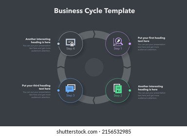 Simple concept for business cycle diagram with four steps and place for your description - dark version. Flat infographic design template for website or presentation.