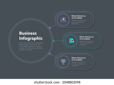 Concepto sencillo para el diagrama de negocio con tres pasos coloridos y lugar para su descripción - versión oscura. Plantilla de diseño de infografía plana para sitio web o presentación.