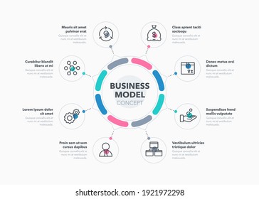 Simple concept for business model diagram with eight steps and place for your description. Flat infographic design template for website or presentation.