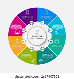 Simple concept for business model diagram with eight steps and place for your description. Flat infographic design template for website or presentation.