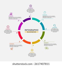 Simple concept for business model diagram with eight steps and place for your description. Flat infographic design template for website or presentation.
