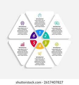 Simple concept for business model diagram with 6 steps and place for your description. Flat infographic design template for website or presentation.