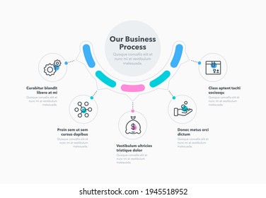Einfaches Konzept für Geschäftsprozessdiagramm mit fünf Schritten und Platz für Ihre Beschreibung. Flache Infografik-Design-Vorlage für Website oder Präsentation.