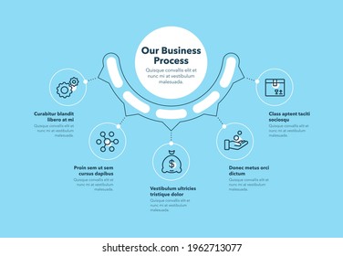 Simple concept for business process diagram with five steps and place for your description - blue version. Flat infographic design template for website or presentation.