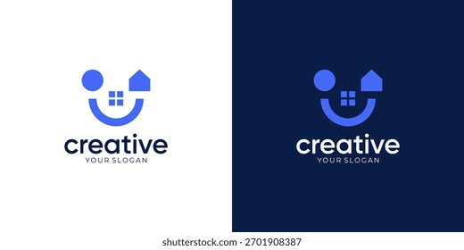 Concepto simple de casas combinadas con cara sonriente, Inspiraciones de Vector de diseño de logotipo.	
