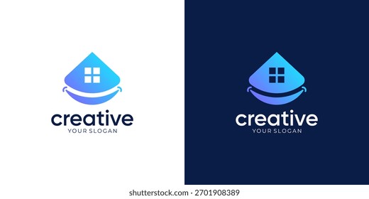 Concepto simple de casas combinadas con cara sonriente, Inspiraciones de Vector de diseño de logotipo.	
