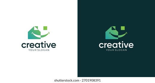 Concepto simple de casas combinadas con cara sonriente, Inspiraciones de Vector de diseño de logotipo.	
