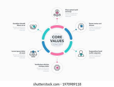 Simple concept for core value diagram with six steps and place for your description. Flat infographic design template for website or presentation.