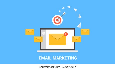 Simple Concept Of Email Marketing, Audience Targeting, Newsletter Marketing Flat Vector On Blue Background