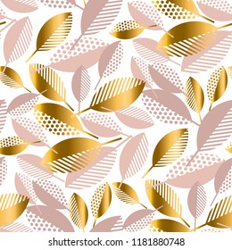 Simple concept luxury geometric fall leaves seamless pattern. Pastel rosy and gold concept autumn elegant element for card, invitation, banner, web, banner, header, page, cover, billboard, brochure.