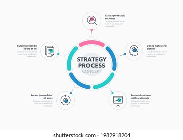 Concepto simple para el diagrama de procesos de estrategia con cinco pasos y lugar para su descripción. Plantilla de diseño de infografía plana para sitio web o presentación.