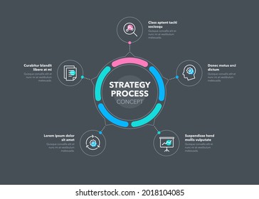 Simple concept for strategy process diagram with five steps and place for your description - dark version. Flat infographic design template for website or presentation.