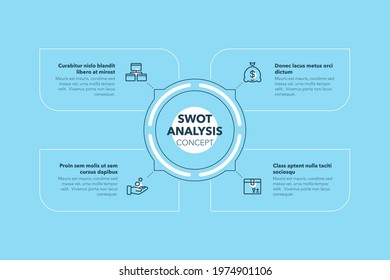 Simple concept for swot analysis concept with four steps and place for your description - blue version. Flat infographic design template for website or presentation.