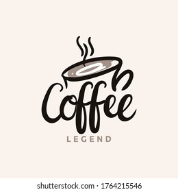 Simple Concept Vector Logo Coffe Cafe Legend with Mug Brown Color Design Template