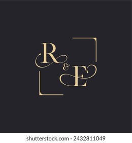 RE simple concept of wedding outline logo and square of initial design gold in white background