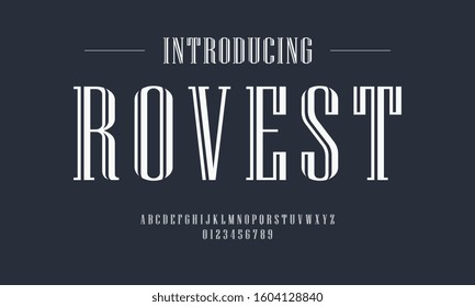 Simple condensed classic design font. Vintage vector illustration of alphabet inline letters.