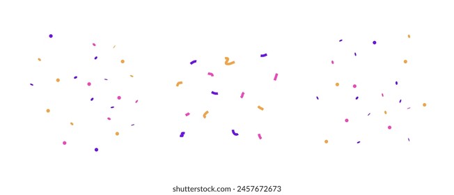 Simple confetti vector illustration. Different shapes of small paper in set. Round, ribbons, squares flying in the air in small compositions. 