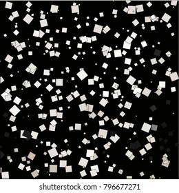 Simple confetti  vector illustration on black. Grey squares of different scale in chaotic movement. Dynamic Vector for holiday, celebration decorations, paper packaging, textile  design, covers.