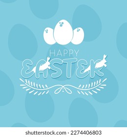 Simple congratulation card Happy easter. Bunnies are jumping through holes in letters 