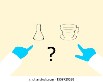 Simple conical flask coffee cup lab bench two hands blue gloves