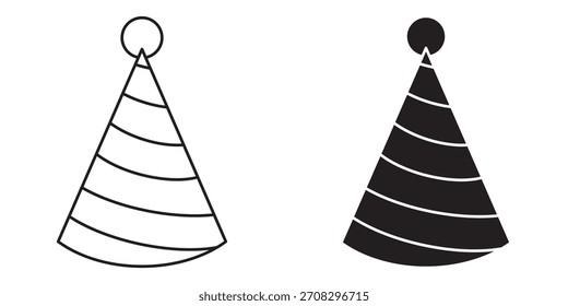 Icono de sombrero de fiesta cónico simple con detalle de rayas y una bola en la parte superior. Un símbolo de Vector central para una celebración, cumpleaños, vacaciones o cualquier gráfico de evento festivo y alegre.
