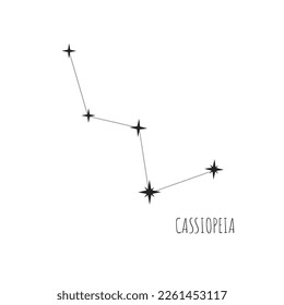 Simple constellation scheme Cassiopeia. Doodle, sketch, drawn style, set of linear icons of all 88 constellations. Isolated on white background