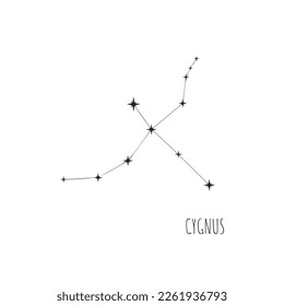 Simple esquema de constelación Cygnus. Doodle, sketch, estilo dibujado, conjunto de iconos lineales de las 88 constelaciones. Aislado sobre fondo blanco