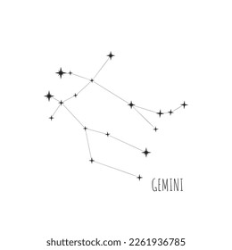 Simple constellation scheme Gemini. Doodle, sketch, drawn style, set of linear icons of all 88 constellations. Isolated on white background. Zodiac sign