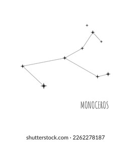 Simple constellation scheme Monoceros. Doodle, sketch, drawn style, linear icons of all 88 constellations. Isolated on white background