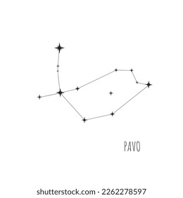 Simple constellation scheme Pavo. Doodle, sketch, drawn style, linear icons of all 88 constellations. Isolated on white background