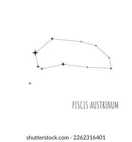 Simple constellation scheme Piscis Austrinus. Doodle, sketch, drawn style, linear icons of all 88 constellations. Isolated on white background