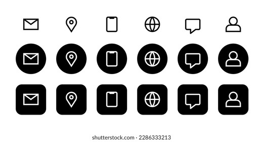 Simple contact mobile icons. Icon phone, mail, location, internet, speech bubble chat. Communication black and white symbols on white background. Vector set. Information for service support