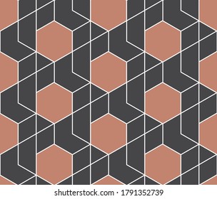 Simple contemporary abstract brown hexagonal repeating pattern on dark gray background, geometric vector illustration