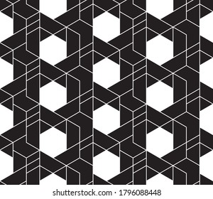 Simple contemporary abstract white hexagonal repeating linear pattern on a black background, geometric vector illustration