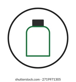Un gráfico de Vector simple y contemporáneo que representa un ícono de botella delineado en verde dentro de un círculo negro. El diseño es minimalista, con una forma de botella cuadrada con una parte superior oscura, destinada a varios