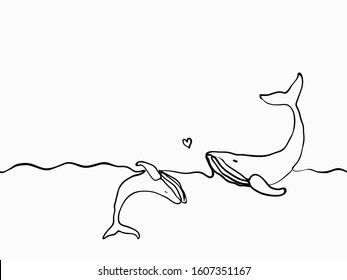 simple continuous childish hand drawn whale in the ocean with its child, the sketching for background, wallpaper, cover, banner, label, texture, wrapping paper etc. vector design.