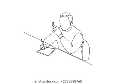 SImple continuous drawing of man doing research. Simple line, minimalist concept of research, simple line, black and white background.