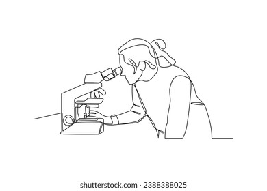 SImple continuous drawing of people examine with a microscope. Simple line, minimalist concept of research, simple line, black and white background.