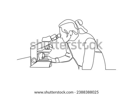 SImple continuous drawing of people examine with a microscope. Simple line, minimalist concept of research, simple line, black and white background.